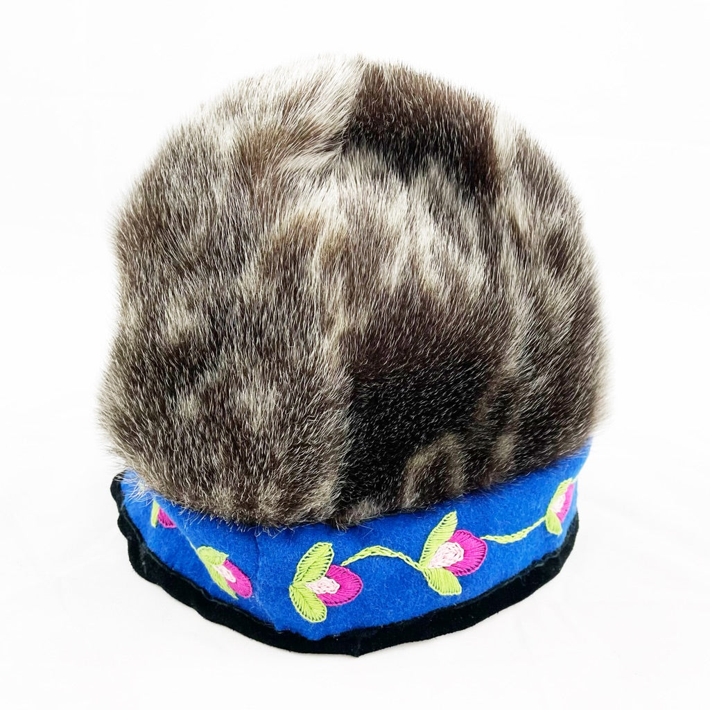 Seal Skin Hat with Pink Flowers and Lavender Lining