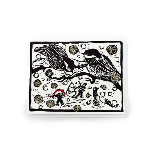 Block Print Art Card - Chickadees Above Snowman